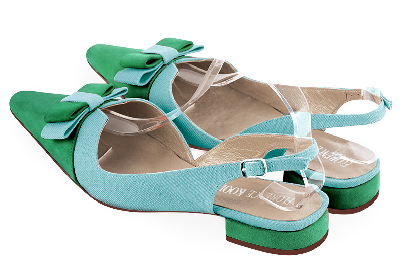 Emerald green and aquamarine blue women's open back shoes, with a knot. Tapered toe. Flat block heels. Rear view - Florence KOOIJMAN